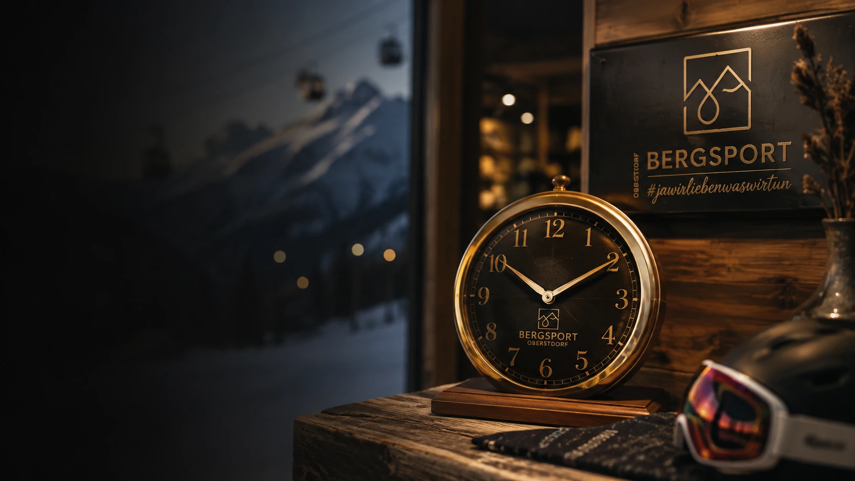 BERGSPORT JA Öffnungszeiten mit Uhr und alpinem Markenmotiv